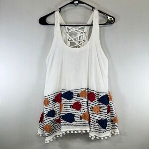 Let Me Be Embroidered Boho Tank Lace-Up Back Pom Pom Hem Festival Peplum